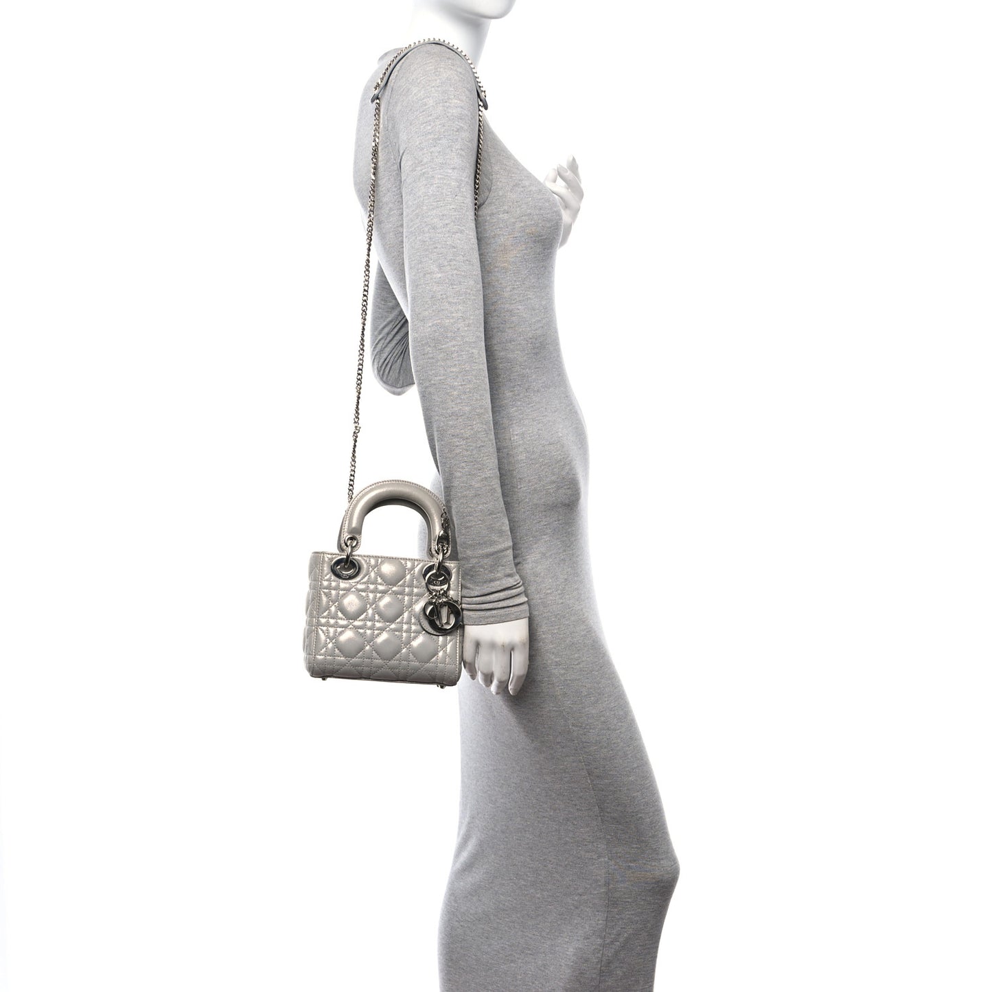 Metallic Nubuck Cannage Mini Lady Dior Silver