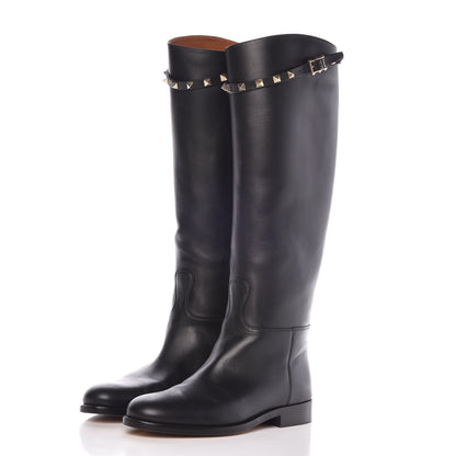 Valentino Garavani Calfskin Rockstud Knee High Flat Boots 38 Black 3 of 8