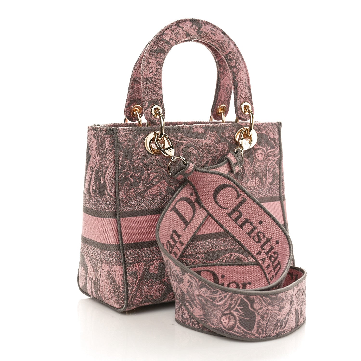 Christian Dior Canvas Toile De Jouy Embroidered Medium Lady D-Lite Gray Pink 2 of 9