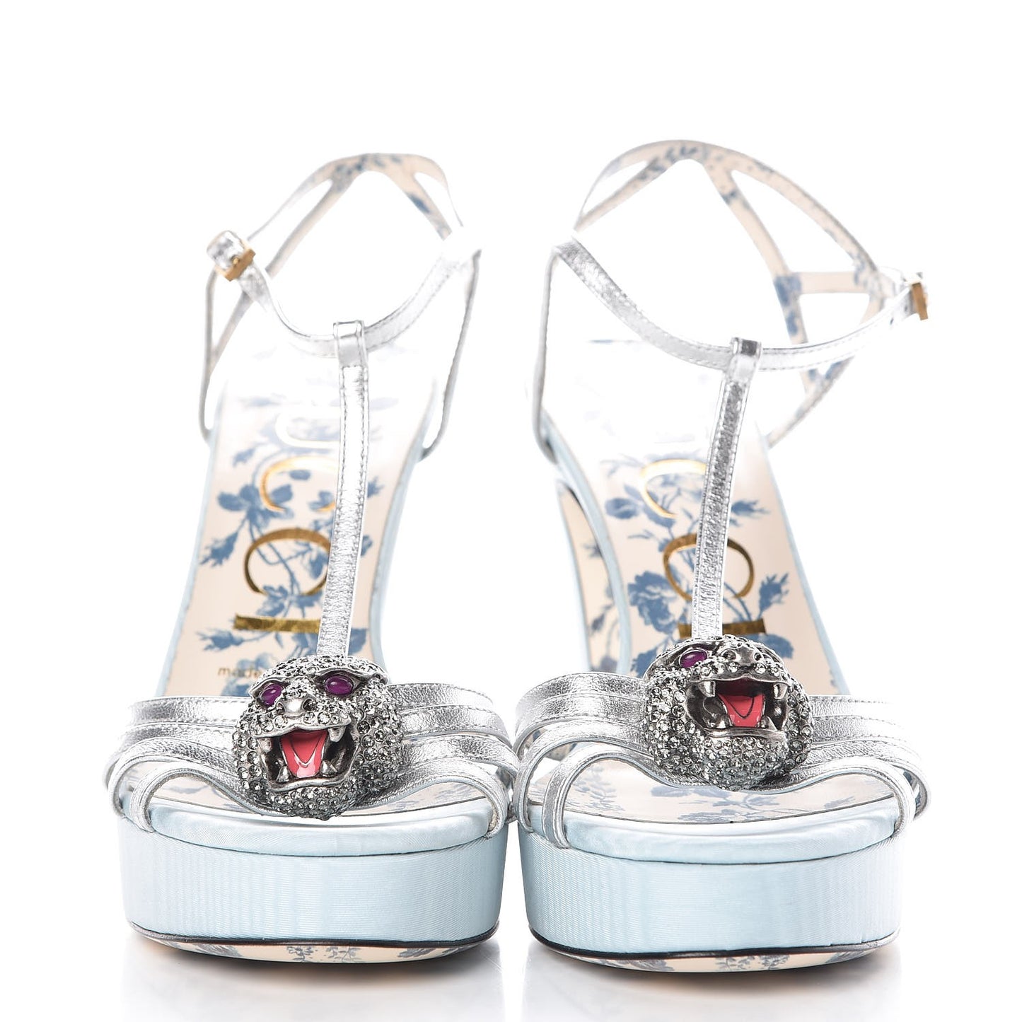Moire Fabric Nappa Elias T-Strap Platform High Heel Sandals 36 Argento