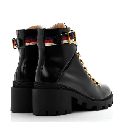 Gucci Calfskin Sylvie Web Womens Lace Up Combat Boots 37.5 Black 4 of 10