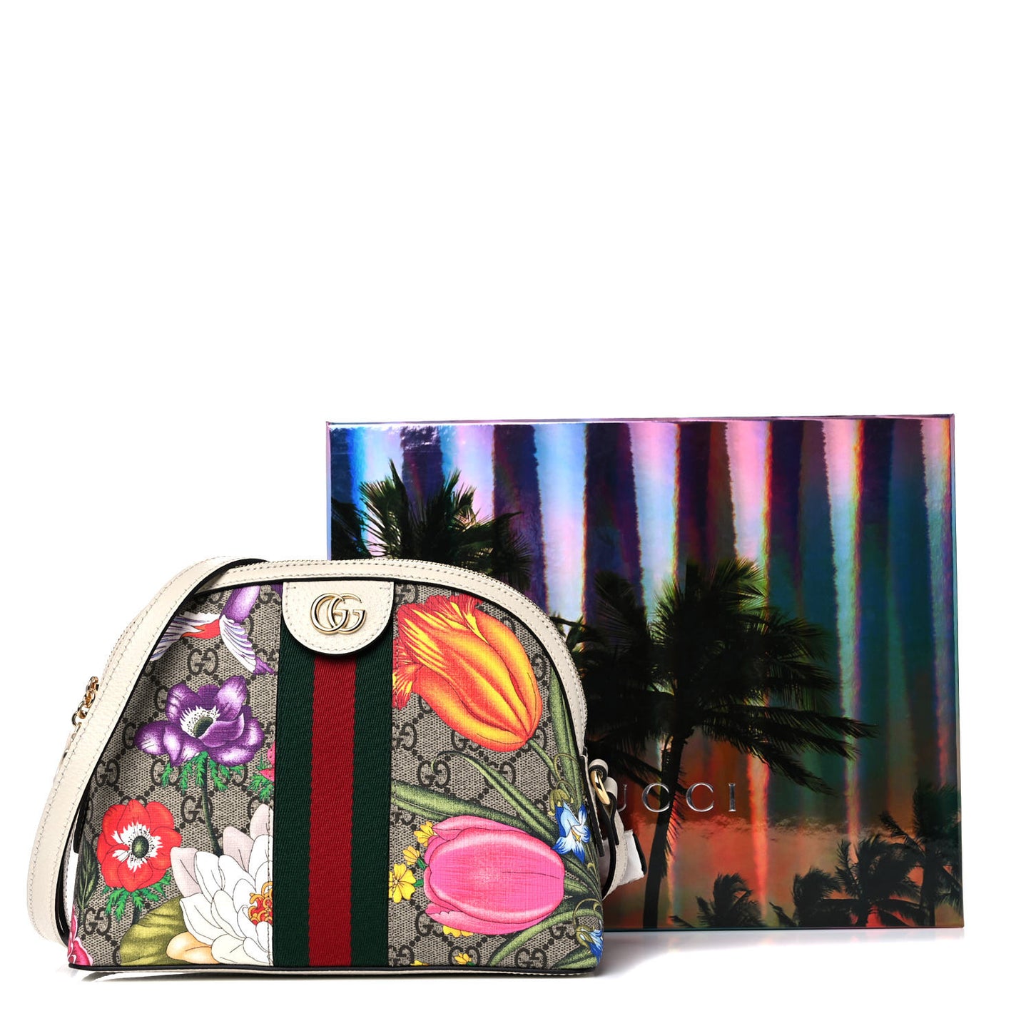GG Supreme Monogram Flora Web GG Small Ophidia Dome Shoulder Bag White