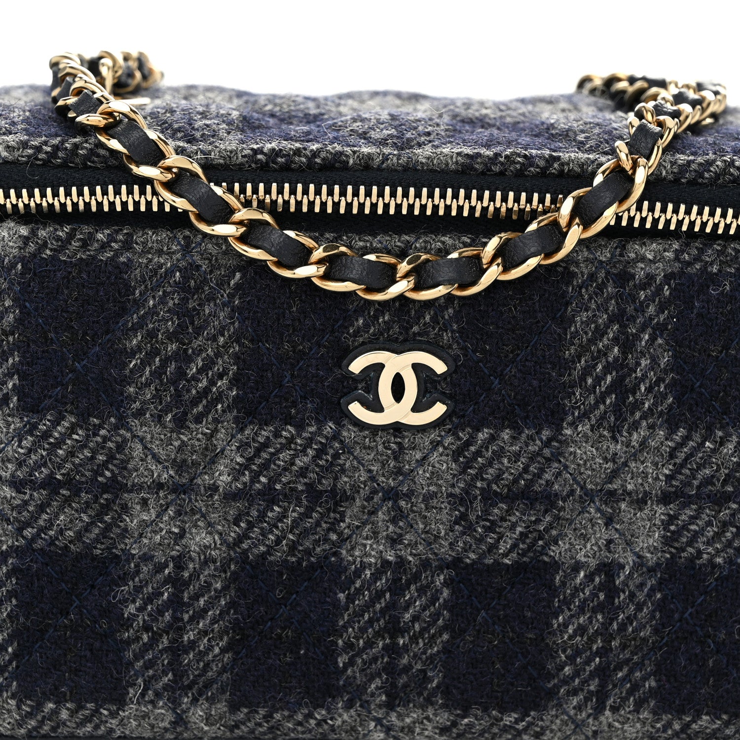 Chanel Wool Plaid Quilted Small Vanity Case With Chain Blue 8 of 11