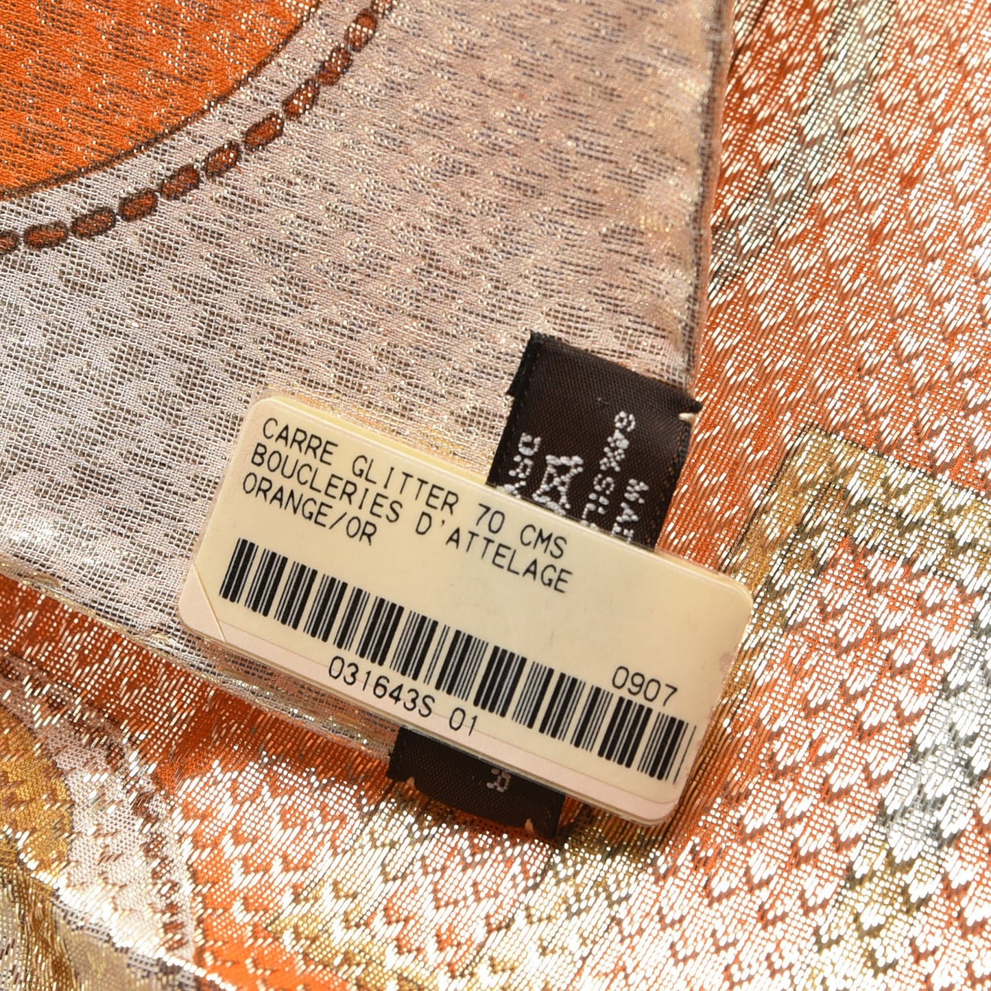 Silk Polyester Carre Glitter Bouclerie d'Attelage Scarf 70 Orange Or