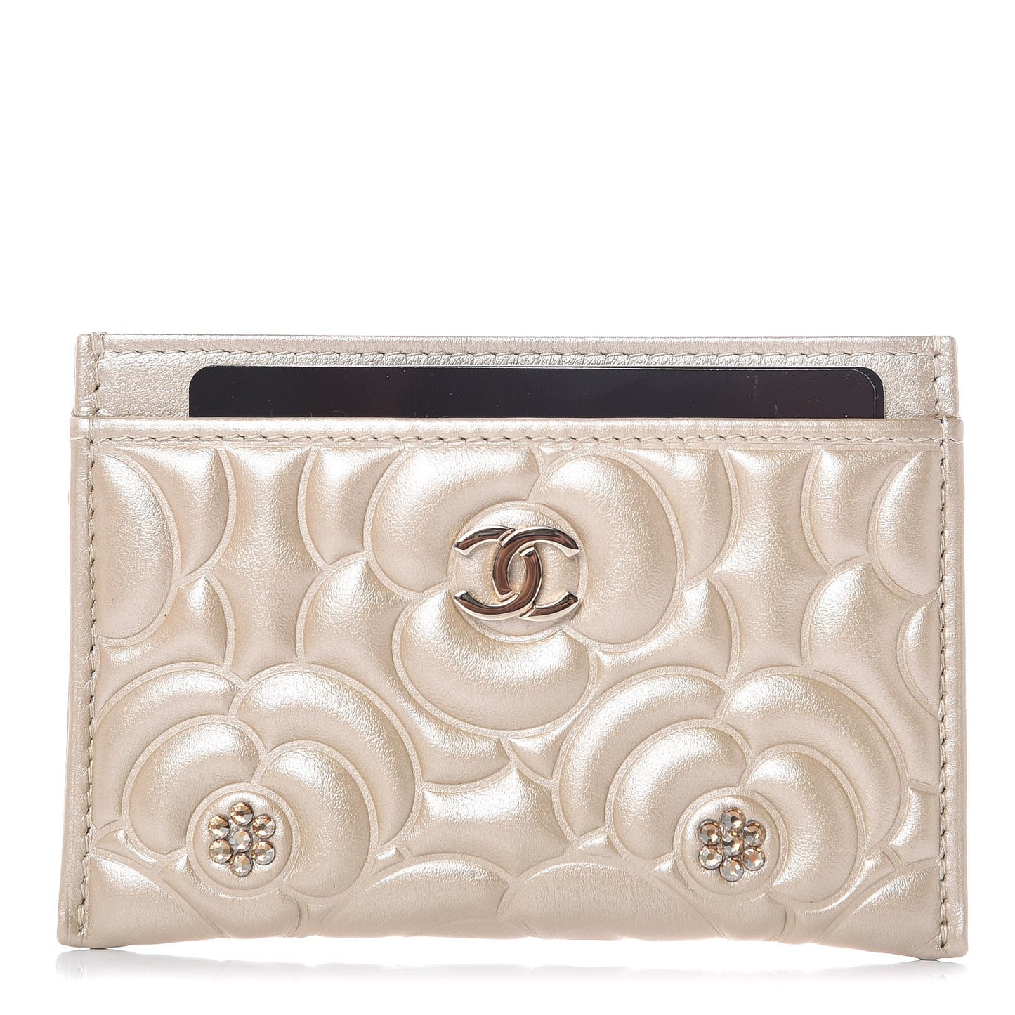 Metallic Lambskin Crystal Camellia Embossed Card Holder Gold