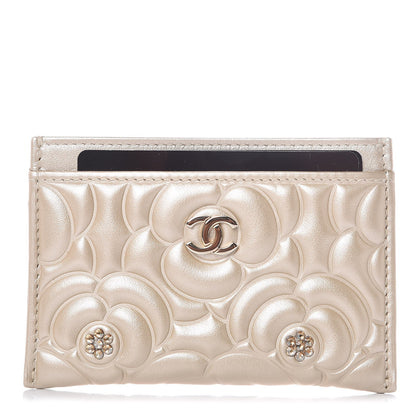 Chanel Metallic Lambskin Crystal Camellia Embossed Card Holder Gold 1 of 8