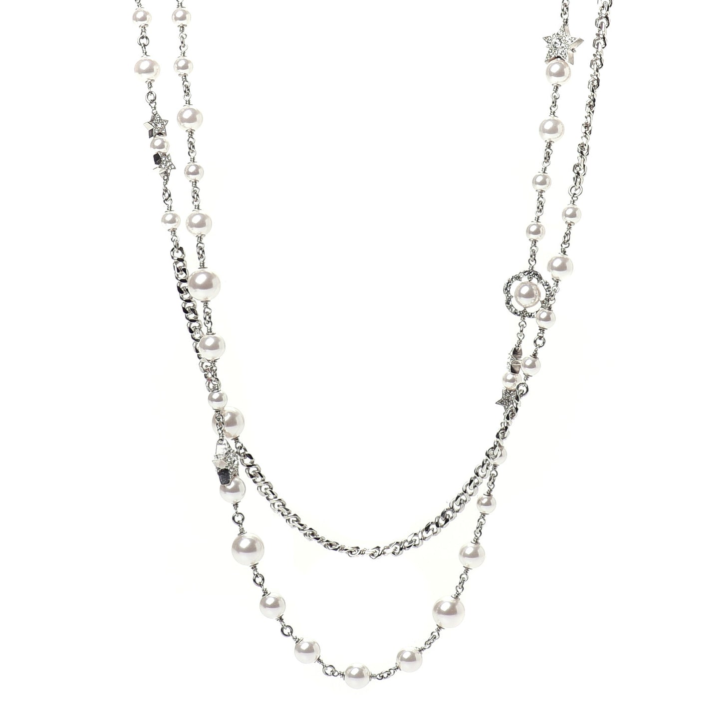 Crystal Pearl CC Necklace Silver
