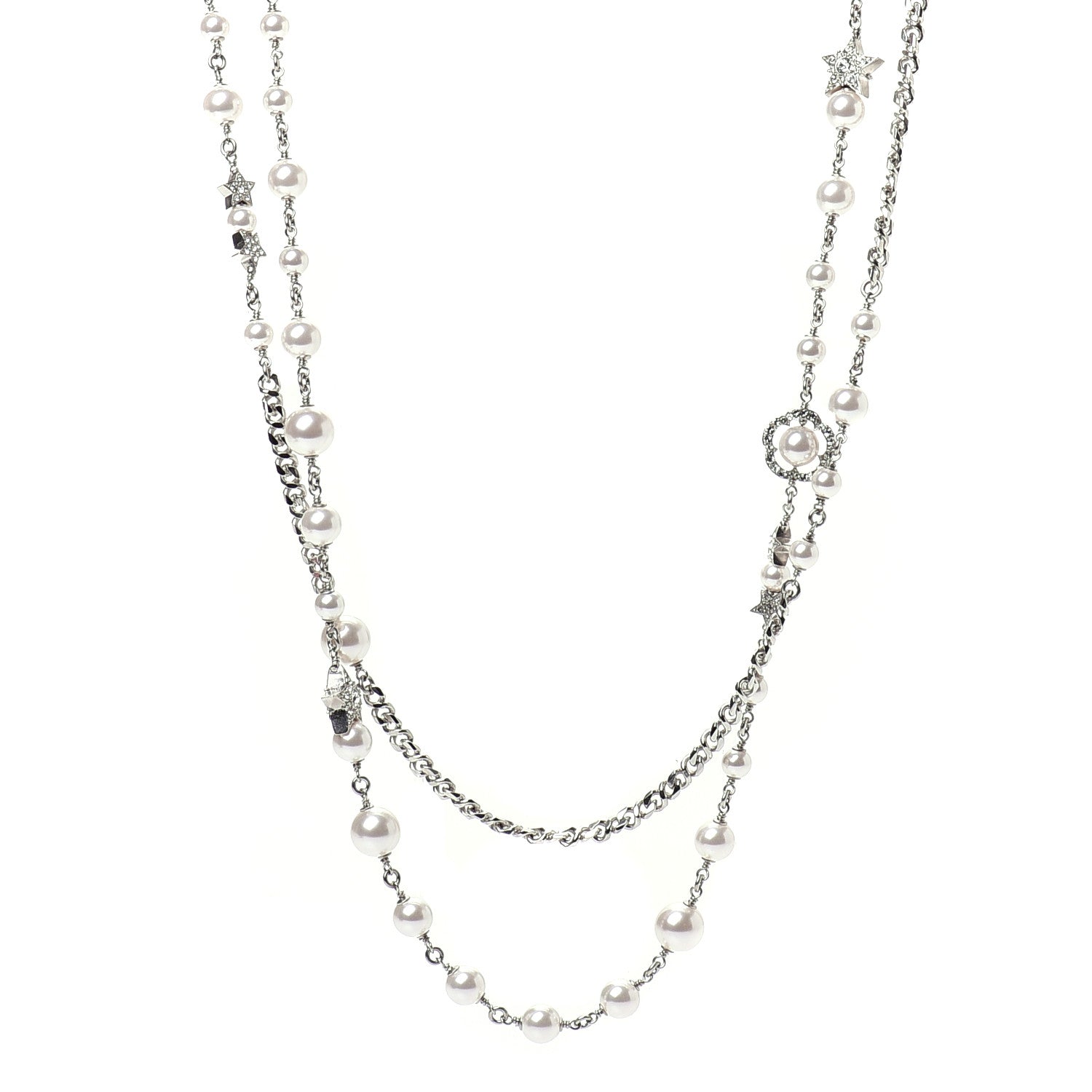 Chanel Crystal Pearl CC Necklace Silver 1 of 8