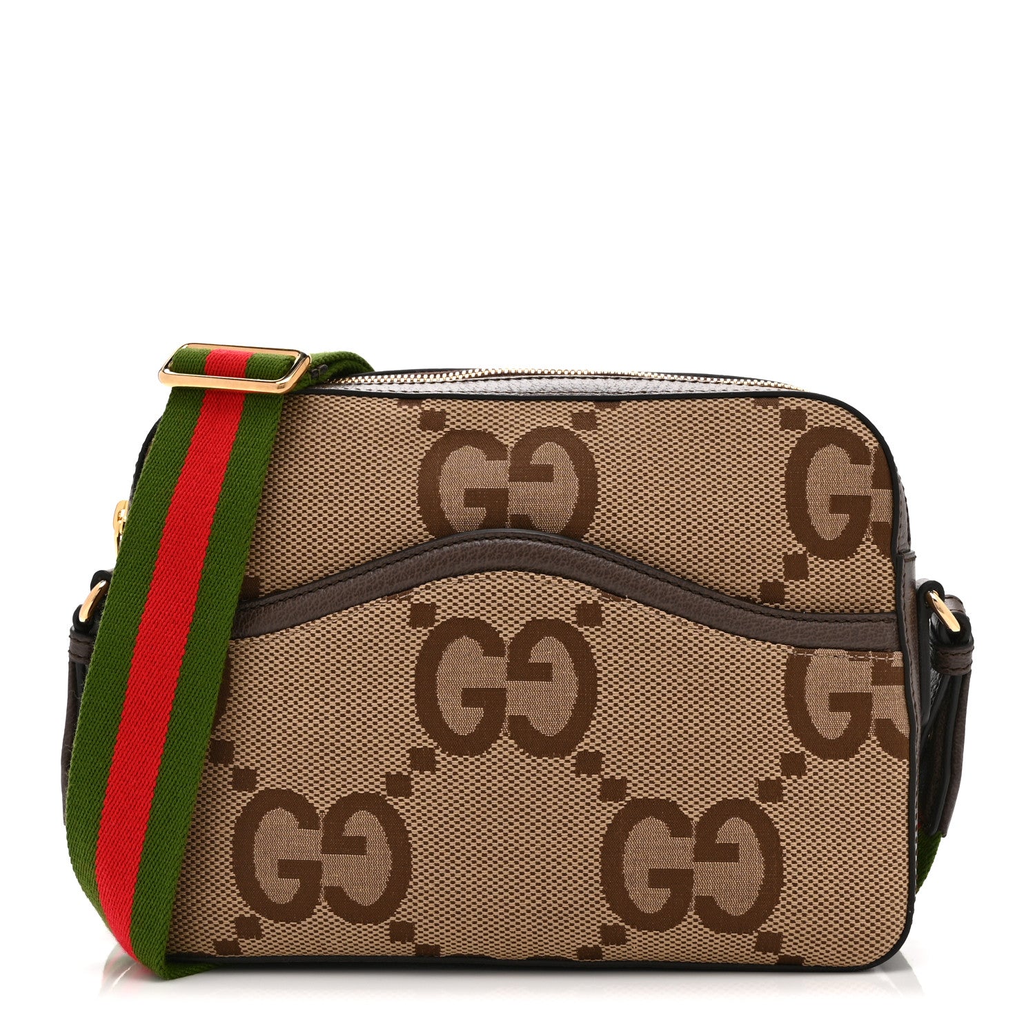 Gucci Monogram Jumbo GG Textured Dollar Calfskin Web Messenger Shoulder Bag Camel Ebony New Acero 1 of 11