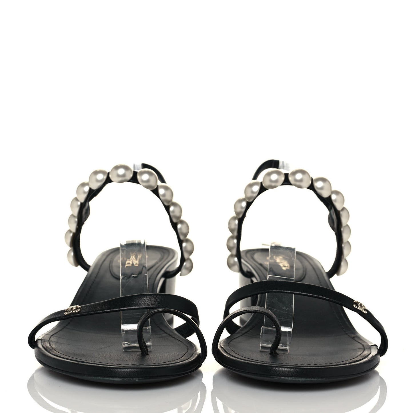 Lambskin Pearl Toe Ring Slingback Sandals 41 Black
