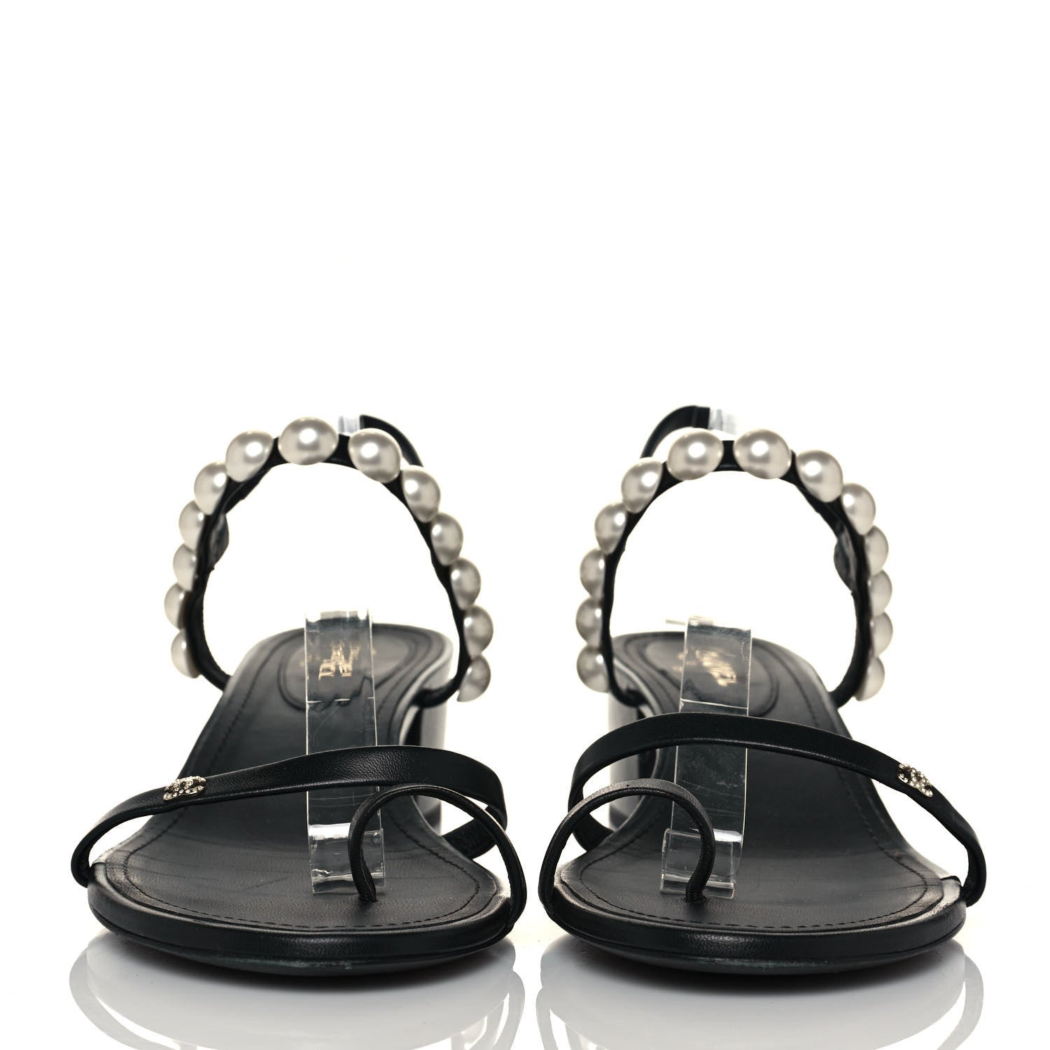 Chanel Lambskin Pearl Toe Ring Slingback Sandals 41 Black 2 of 7