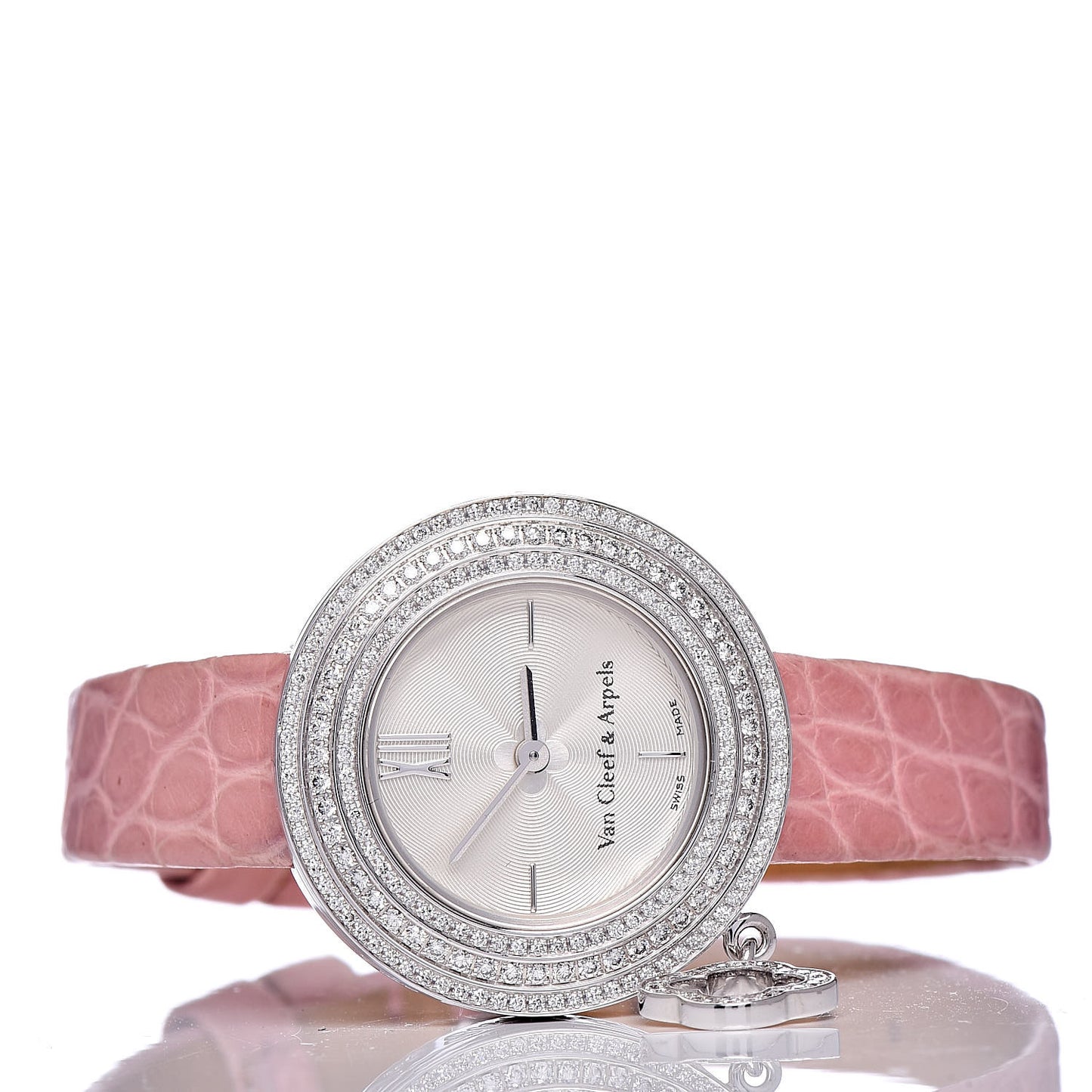 18K White Gold Alligator Diamond Pave Bezel 25mm Charms Quartz Watch