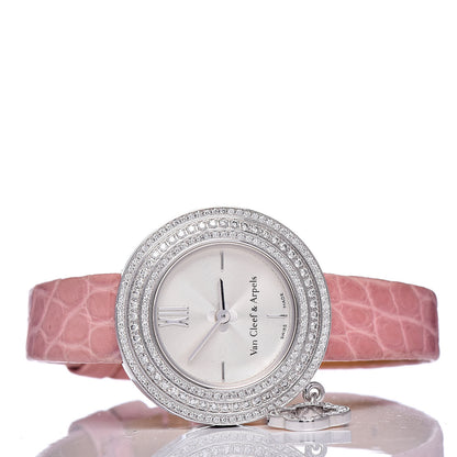 Van Cleef & Arpels 18K White Gold Alligator Diamond Pave Bezel 25mm Charms Quartz Watch 3 of 7