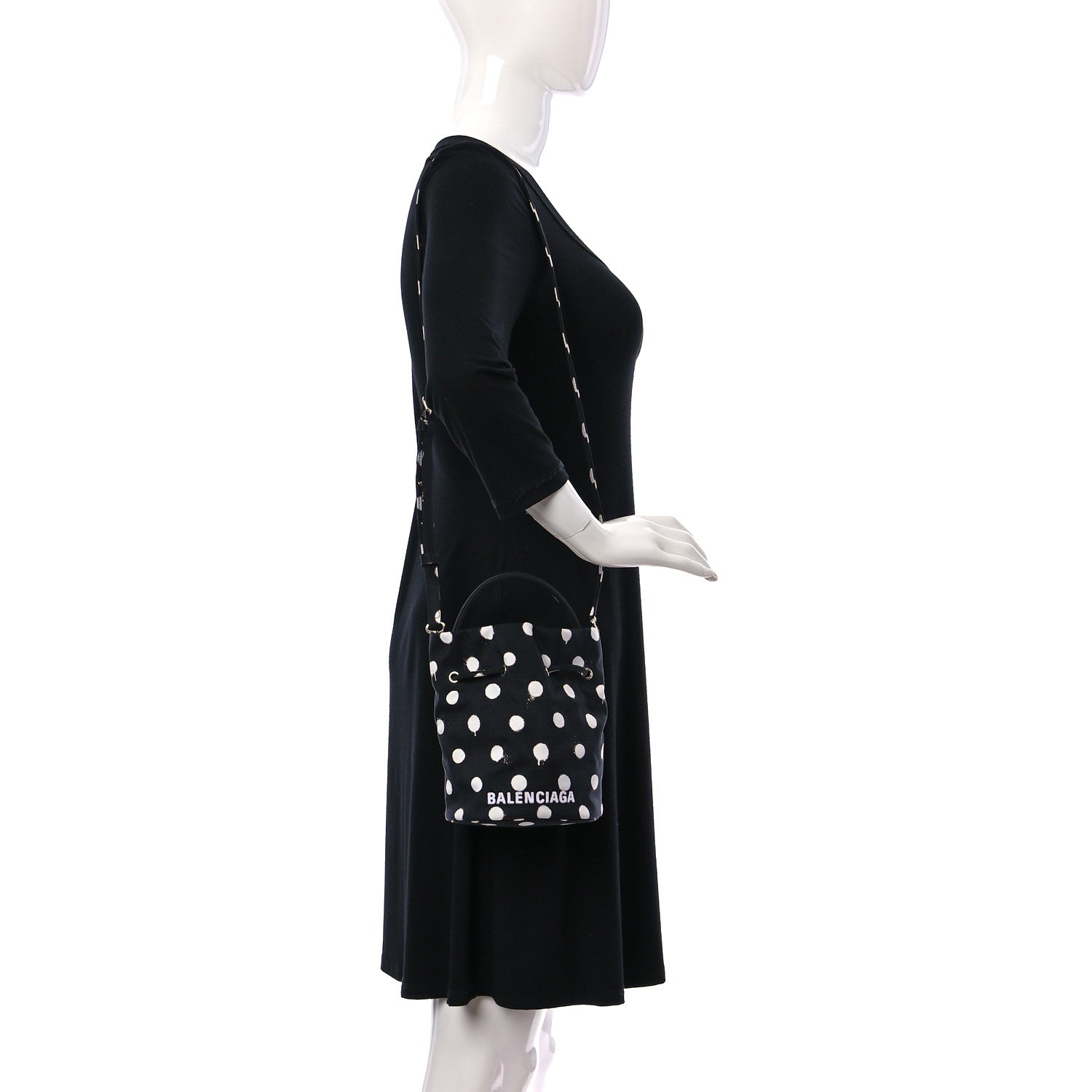 Balenciaga Recycled Sport Nylon Polka Dot Logo Embroidered Wheel Drawstring Bucket Bag XS Black White 2 of 9