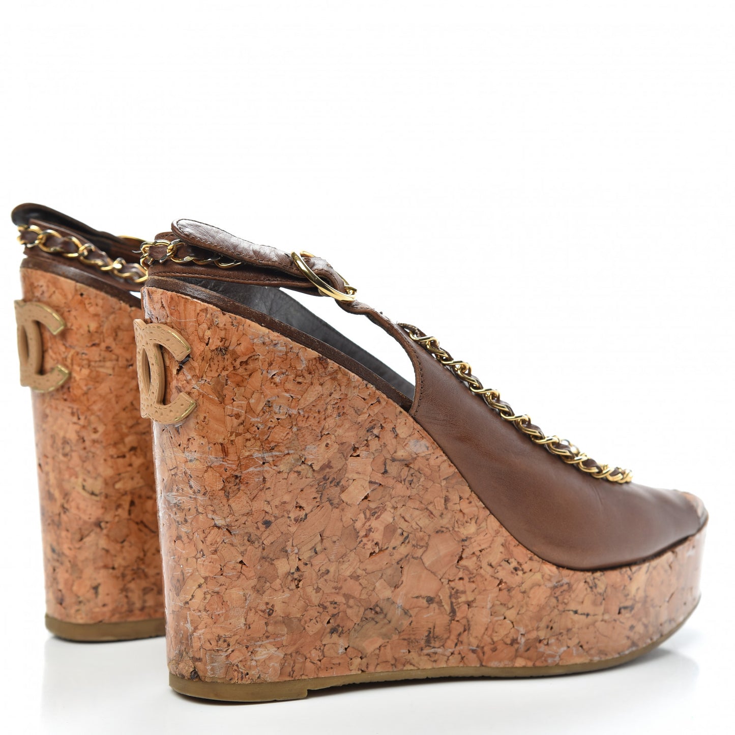 Lambskin Cork Chain CC Wedge Sandals 39 Brown