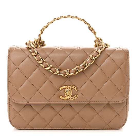 Shiny Calfskin Quilted Small Metal Chain Top Handle Flap Beige