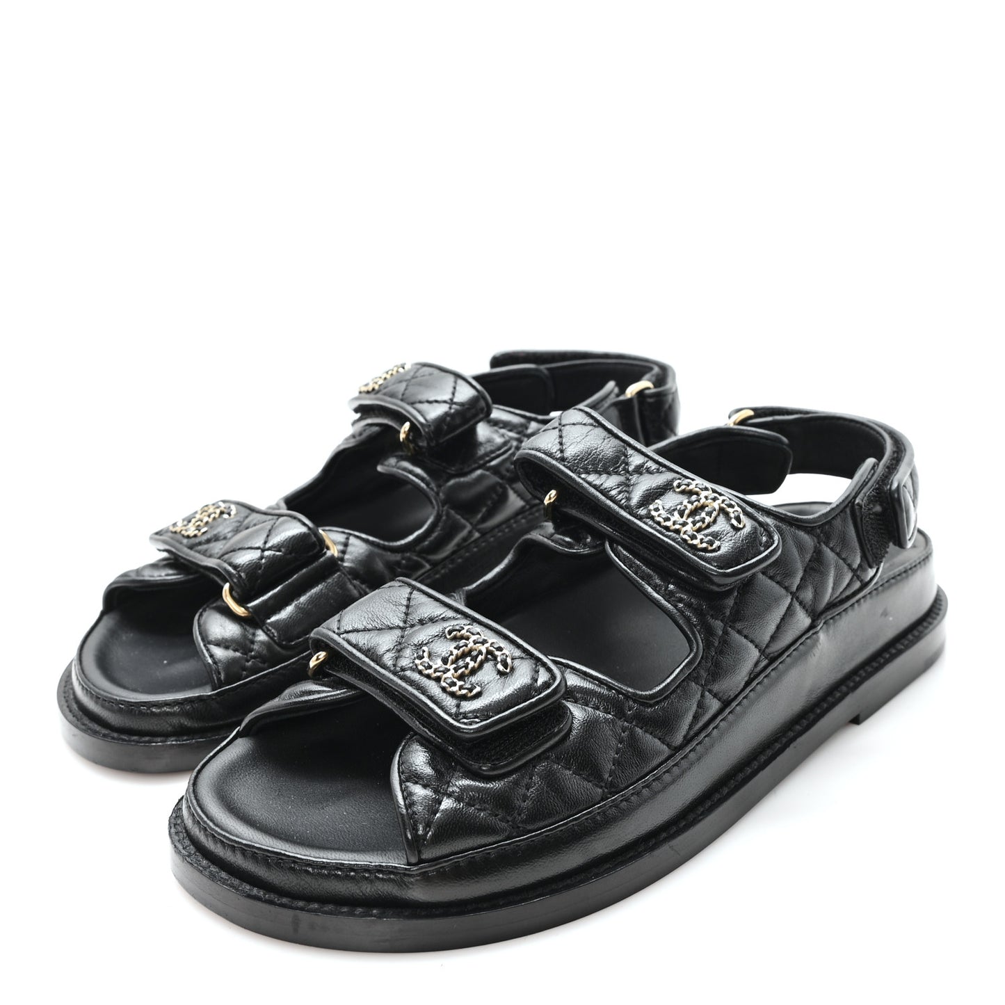 Lambskin Quilted Velcro Dad Chain CC Slide Sandals 36 Black