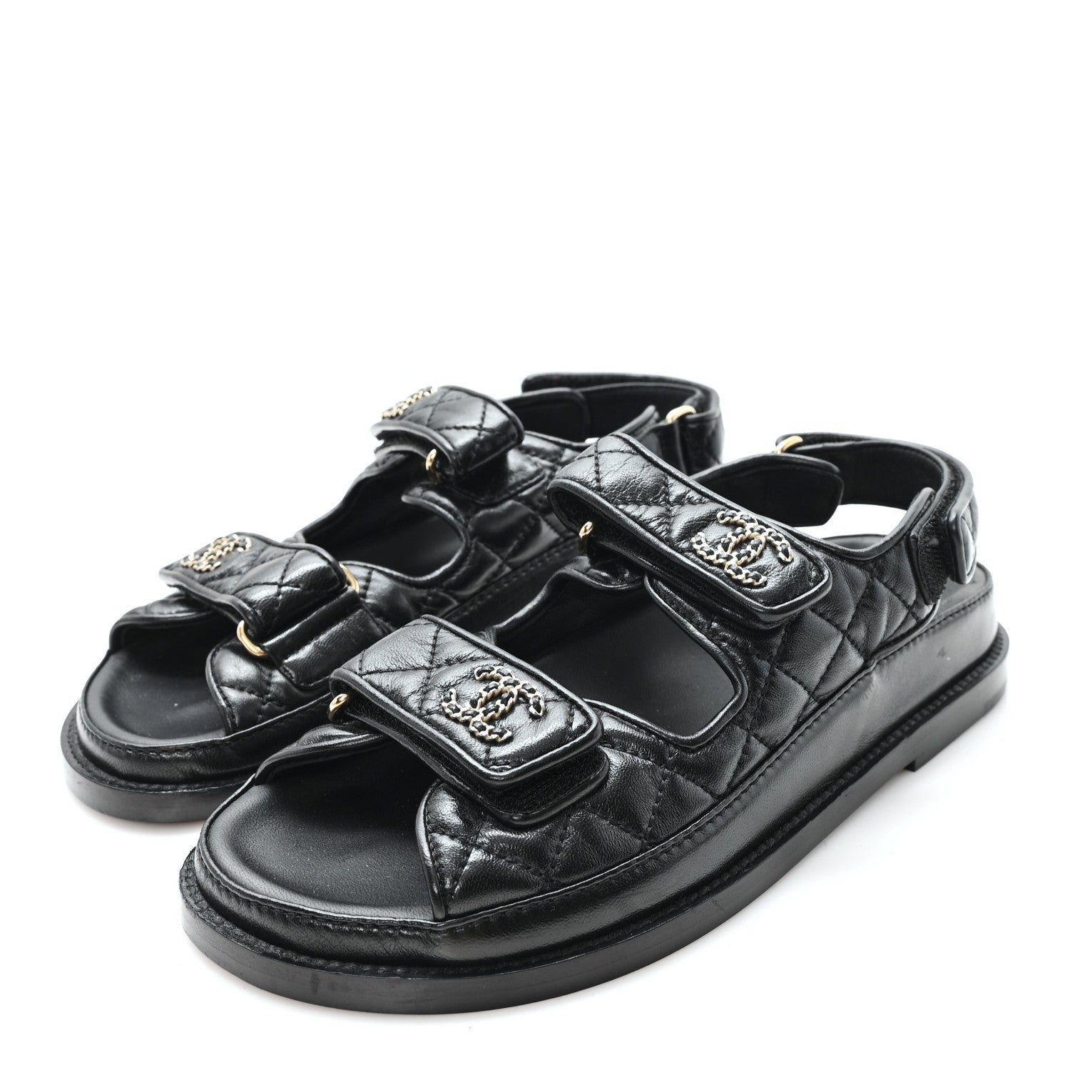 Chanel Lambskin Quilted Velcro Dad Chain CC Slide Sandals 36 Black 4 of 9