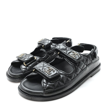 Chanel Lambskin Quilted Velcro Dad Chain CC Slide Sandals 36 Black 4 of 9