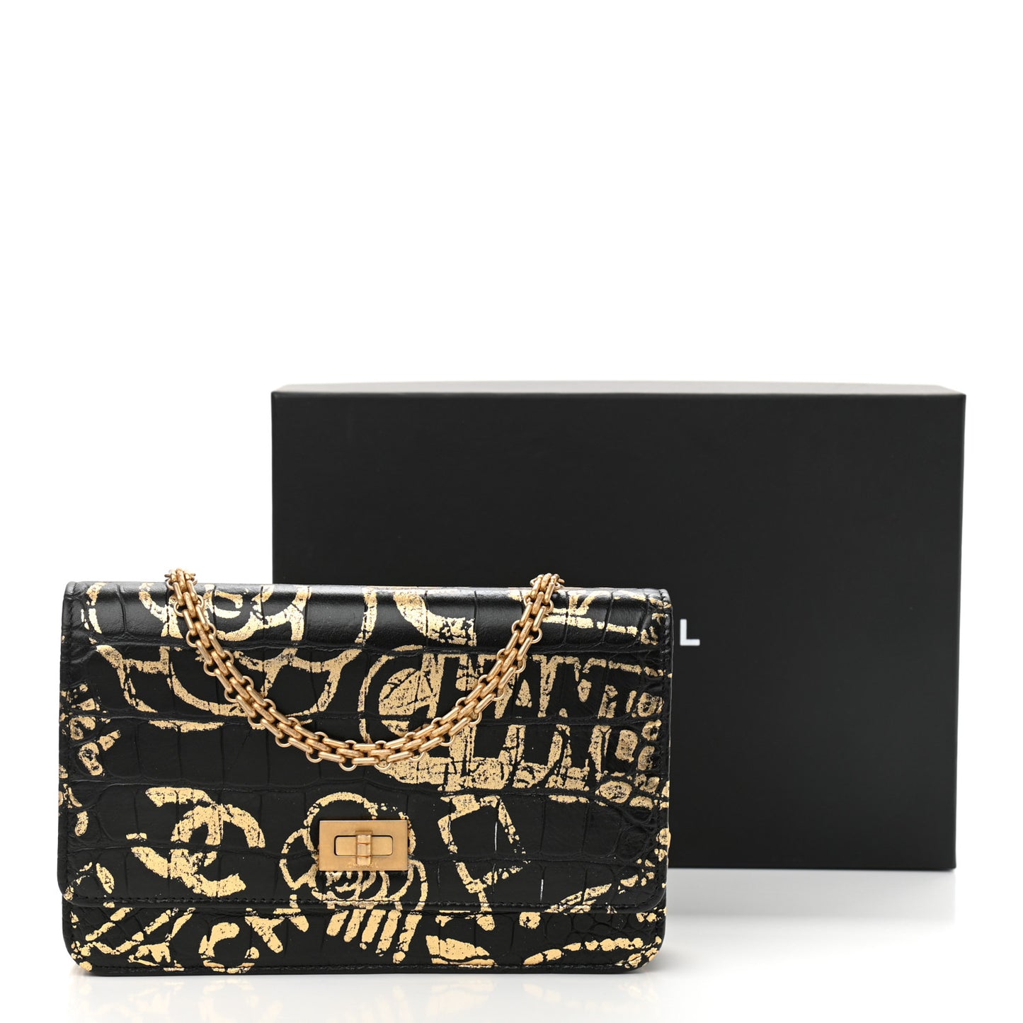 Calfskin Crocodile Embossed Graffiti 2.55 Cocodile Reissue Wallet On Chain WOC Black Gold