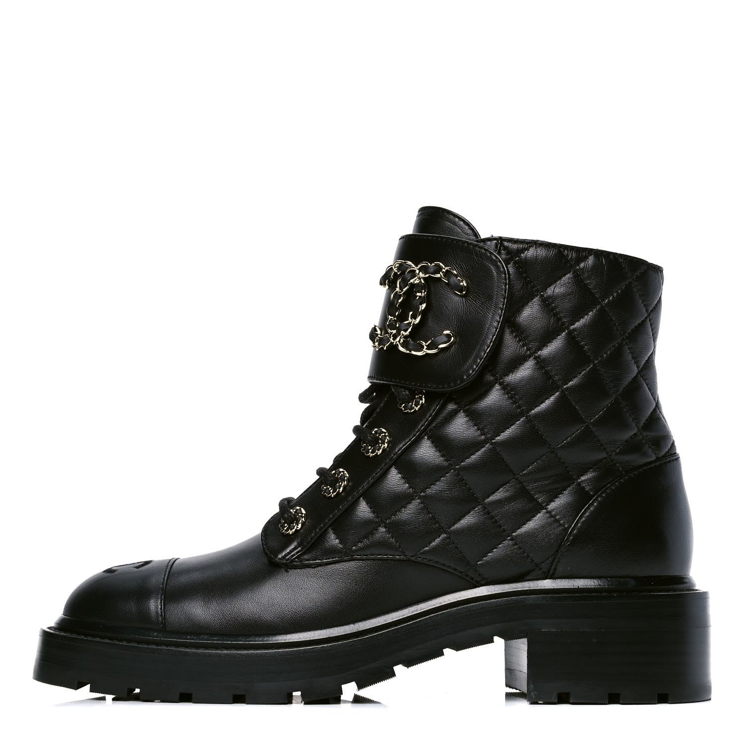 Chanel Shiny Lambskin Quilted Lace Up Combat Boots 39 Black 1 of 4