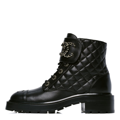 Chanel Shiny Lambskin Quilted Lace Up Combat Boots 39 Black 1 of 4