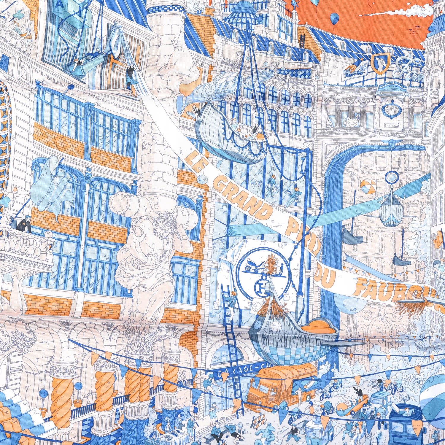 Hermes Silk Le Grand Prix du Faubourg Scarf 90 Orange Bleu White 3 of 4
