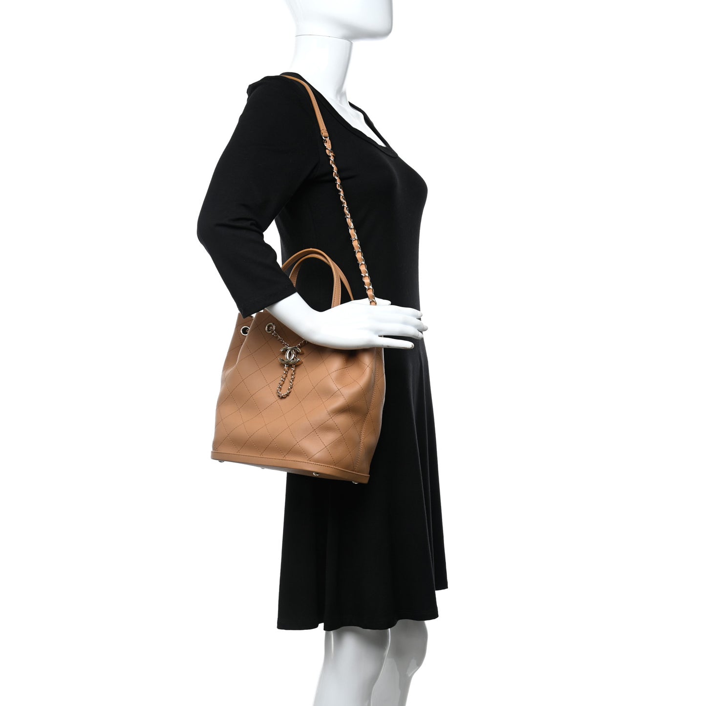 Calfskin Stitched Chain Top Handle Bucket Bag Beige