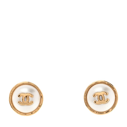 Chanel Resin Metal CC Stud Earrings Gold Pearly White 1 of 5