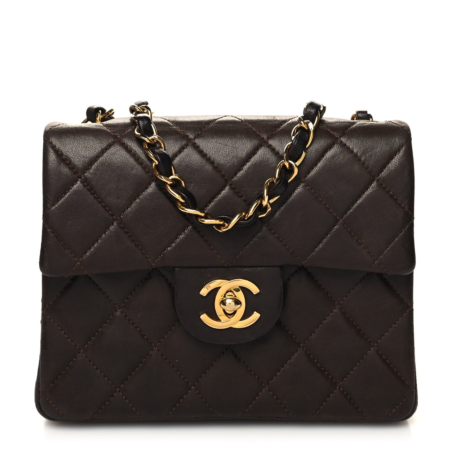 Lambskin Quilted Mini Square Flap Bag Dark Brown