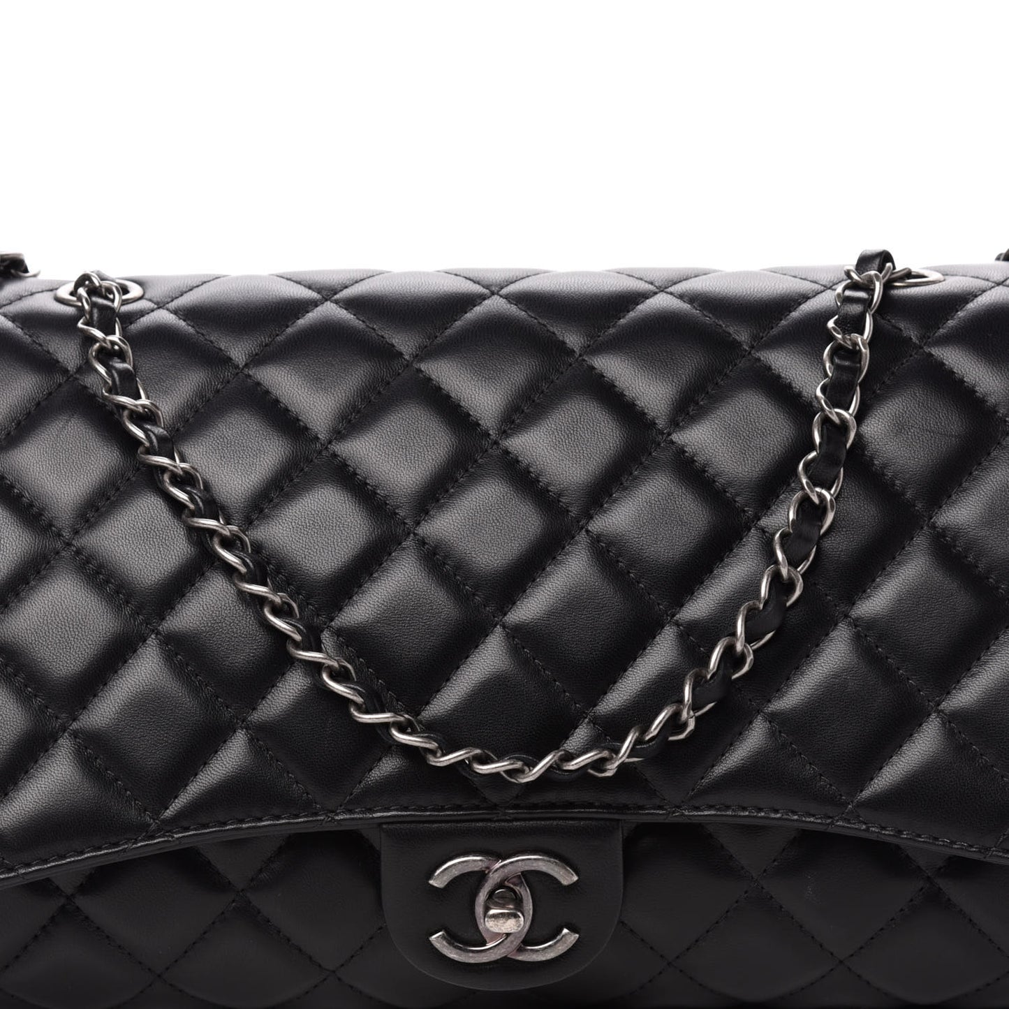 Lambskin Quilted Jumbo Grocery By Chanel Drawstring Shopping Bag Black
