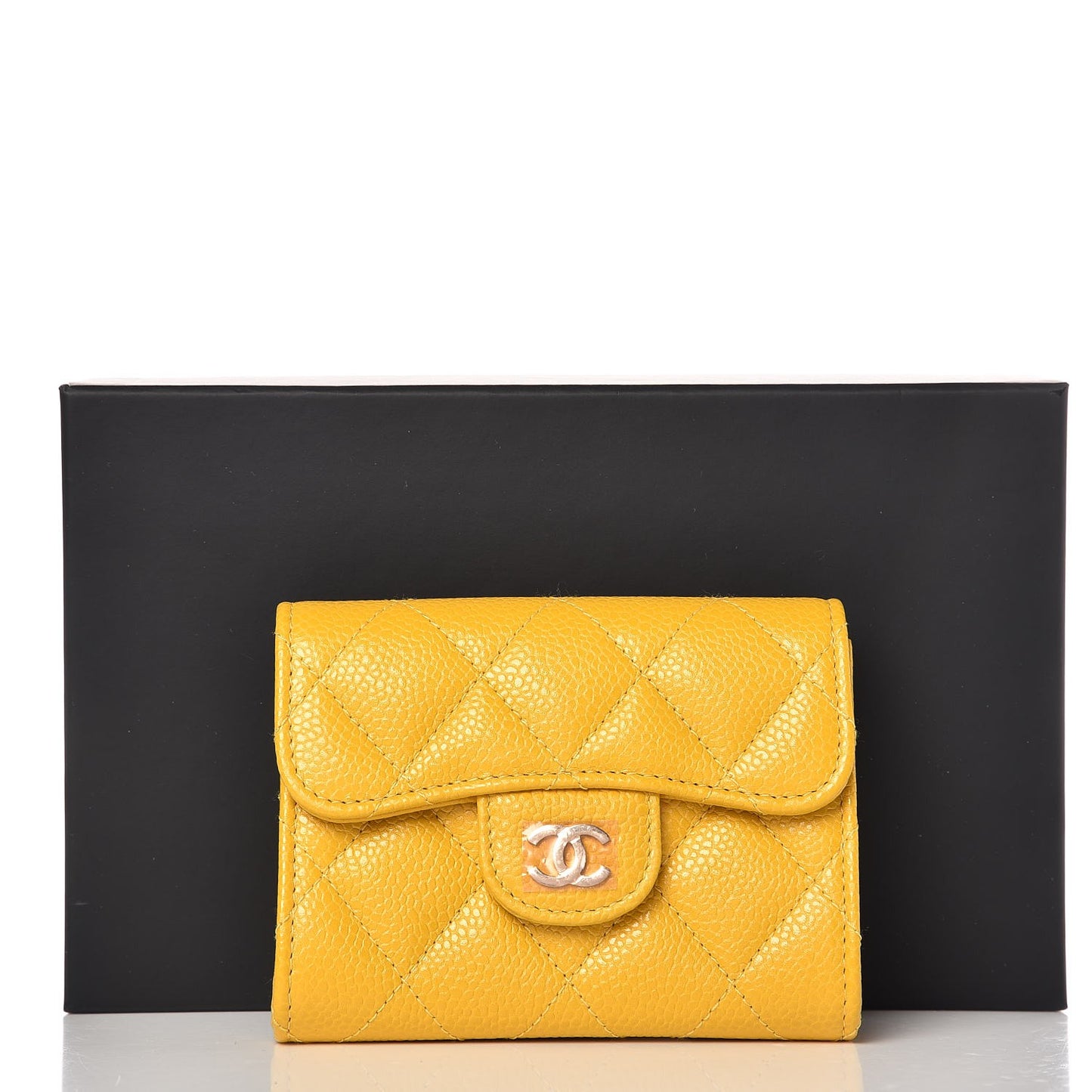Caviar Quilted Flap Card Holder Wallet Yellow