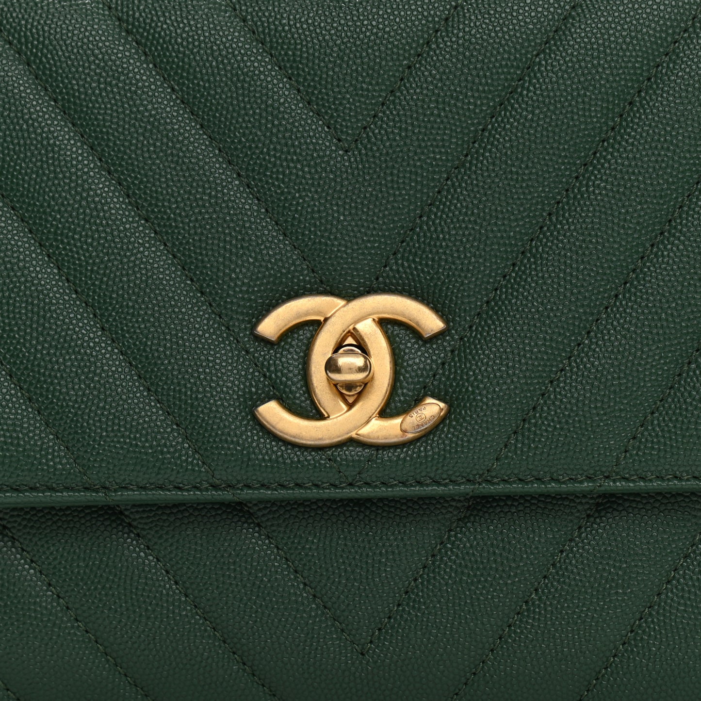 Caviar Chevron Quilted Small Coco Handle Flap Green