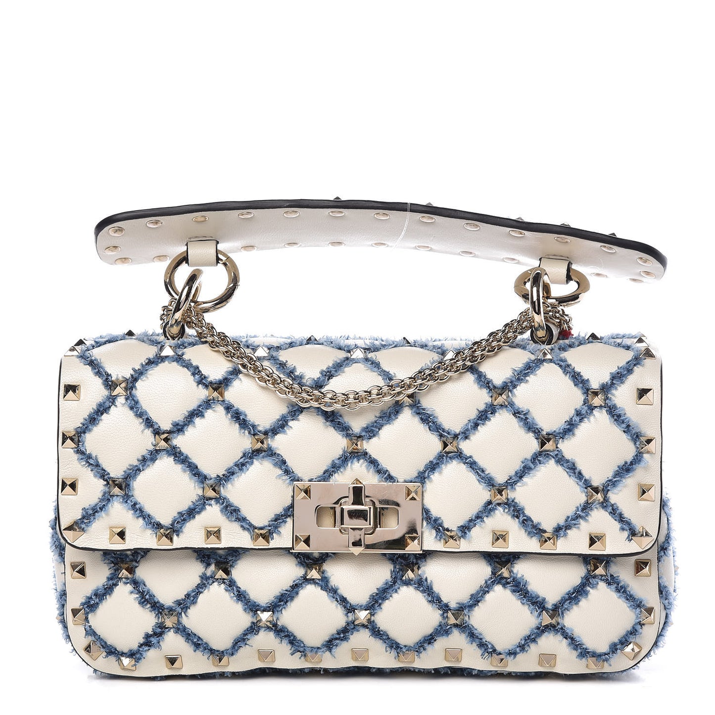Lambskin Denim Quilted Small Rockstud Spike Shoulder Bag Ivory