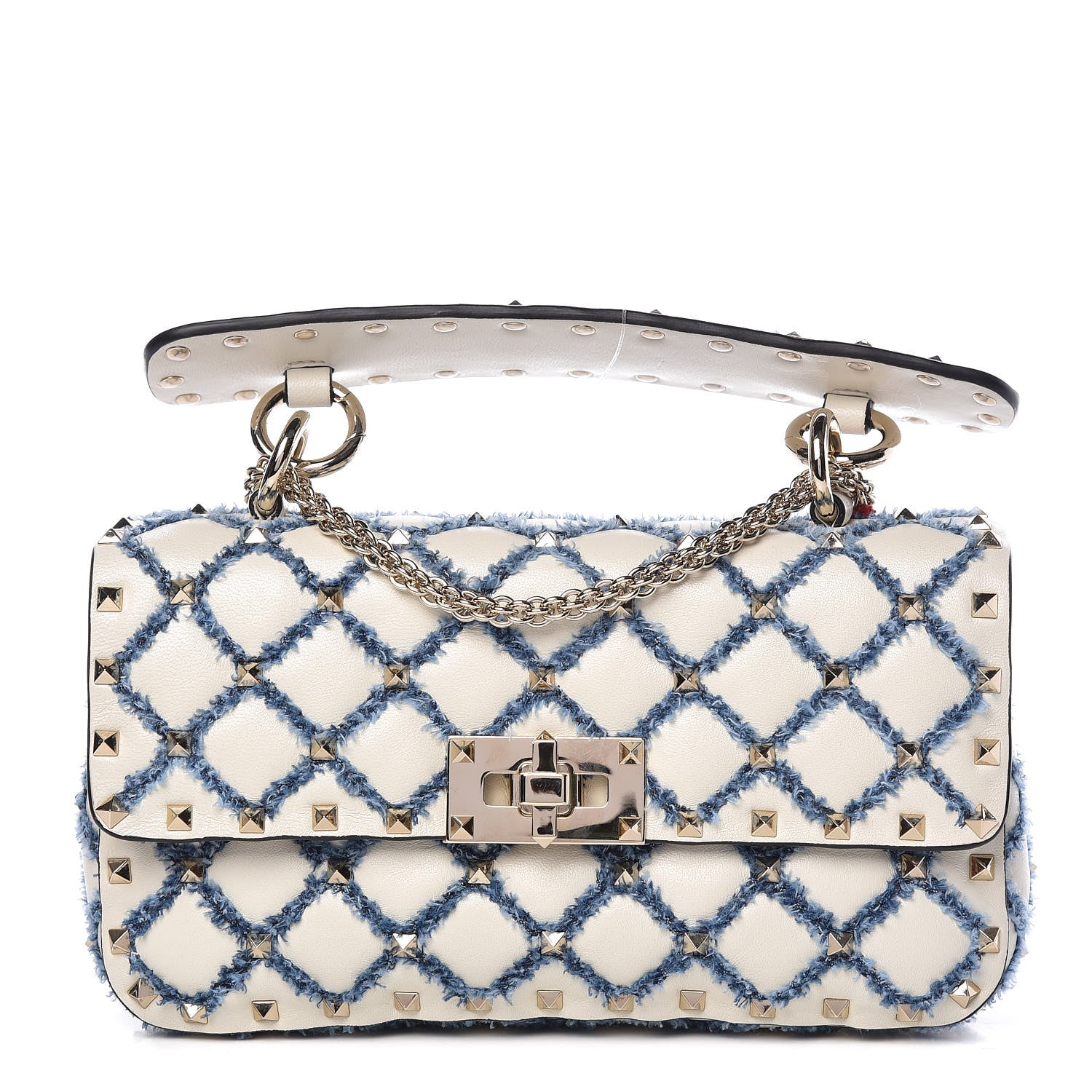 Valentino Garavani Lambskin Denim Quilted Small Rockstud Spike Shoulder Bag Ivory 1 of 12