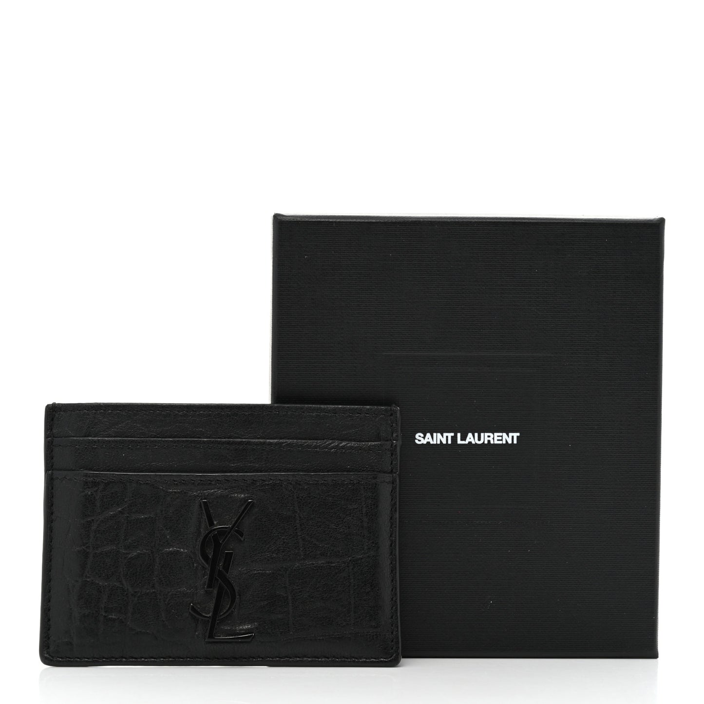 Calfskin Crocodile Embossed Monogram Credit Card Case Black