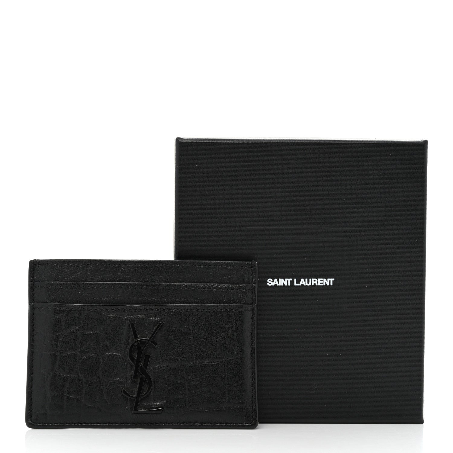 Saint Laurent Calfskin Crocodile Embossed Monogram Credit Card Case Black 8 of 8
