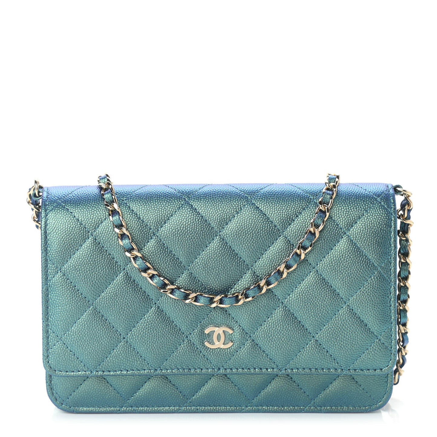 Iridescent Caviar Quilted Wallet On Chain WOC Green
