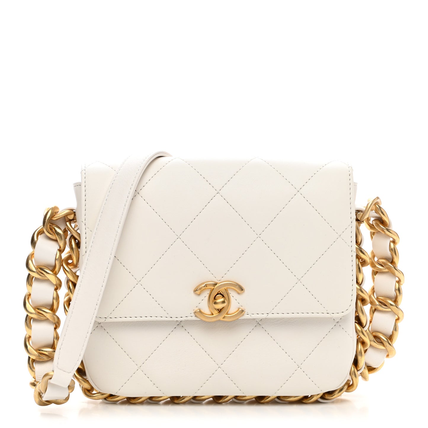 Calfskin Quilted Small Framing Chain Flap Bag White