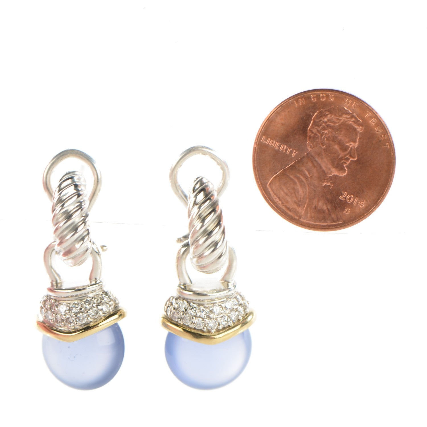 David Yurman Sterling Silver 18K Yellow Gold Pave Diamond Chalcedony 27mm Acorn Drop Earrings 2 of 3