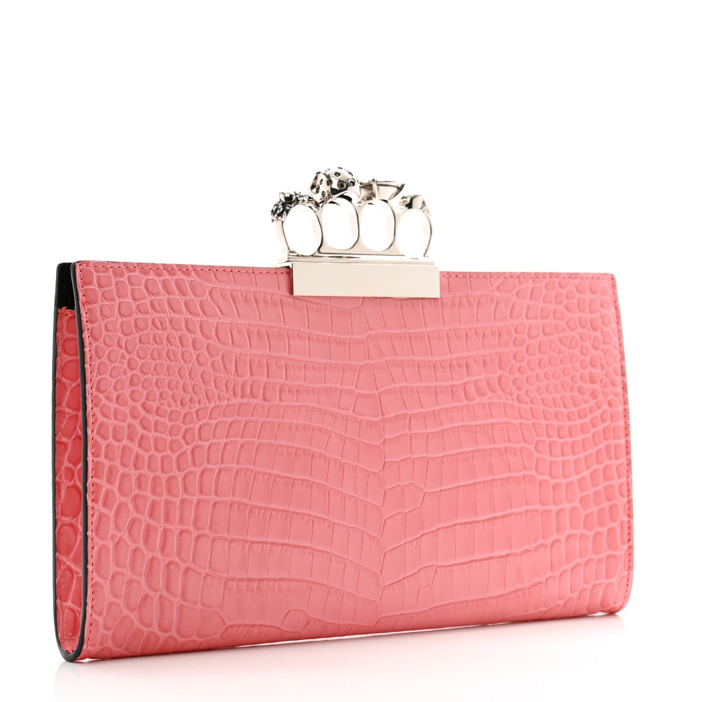 Calfskin Crocodile Embossed Knuckle Flat Clutch Coral