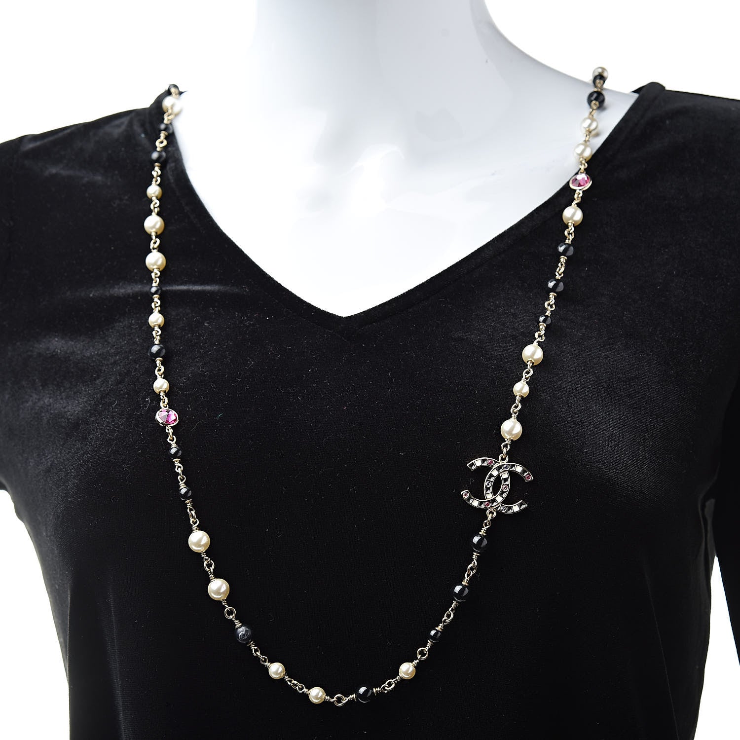 Chanel Pearl Crystal Bead CC Long Necklace Gold Black White Pink 2 of 5