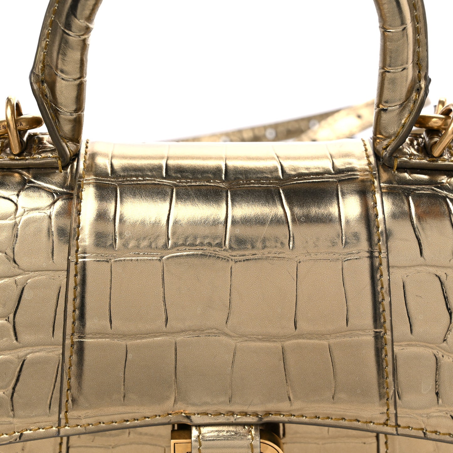 Metallic Calfskin Crocodile Embossed Hourglass Top Handle Bag XS Gold