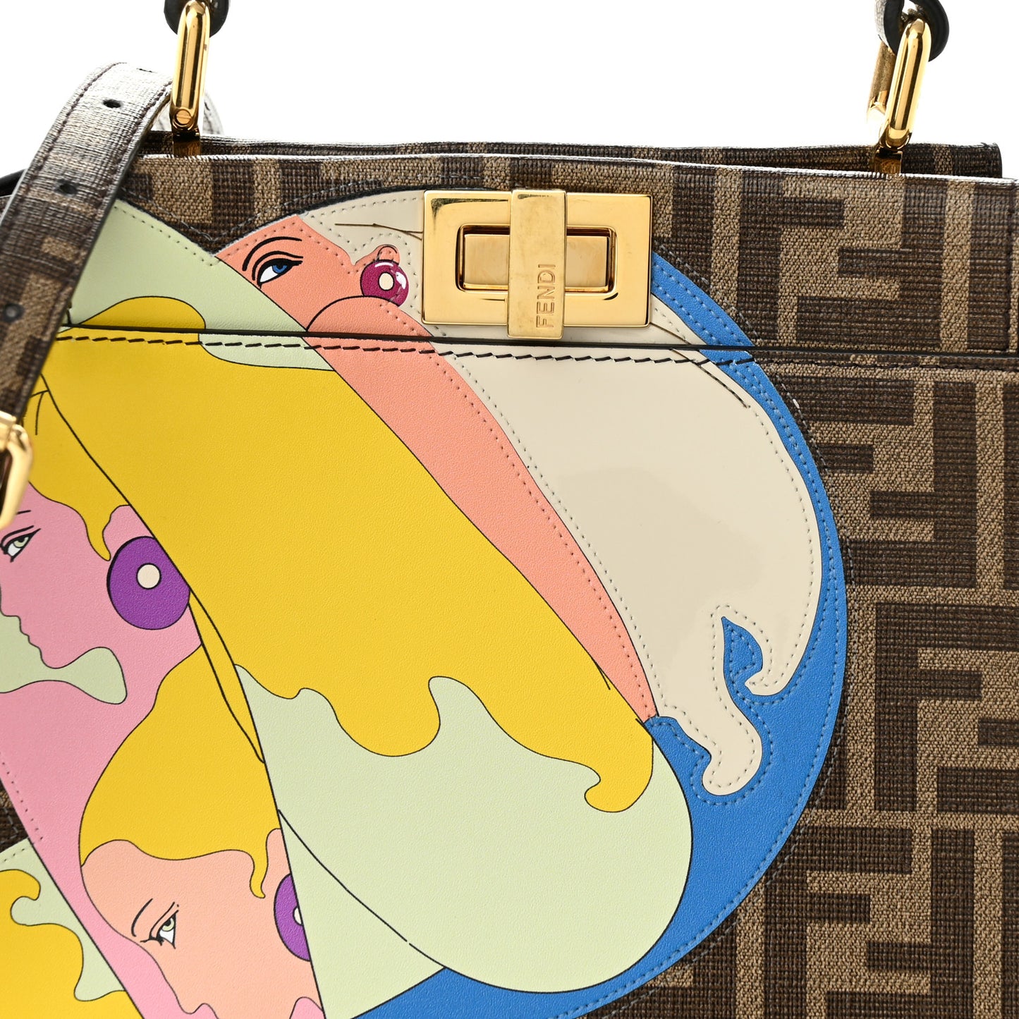Glazed Fabric Vitello FF 1974 Hairdo Girls Inlay Mini Peekaboo Iconic Satchel Mogano Panna Multicolor