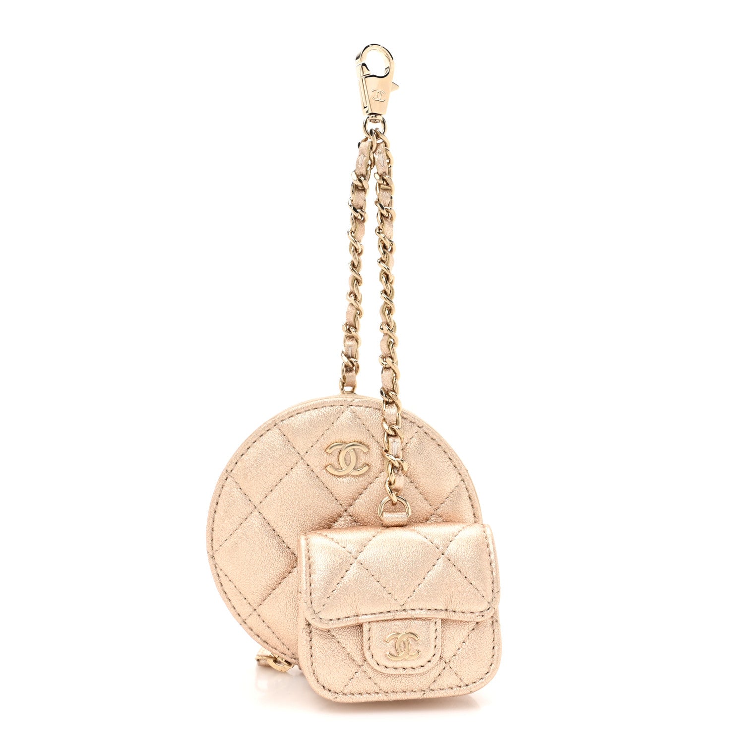 Chanel Metallic Lambskin Quilted Round Clip On Coin Purse Airpods Case Gold 1 of 10