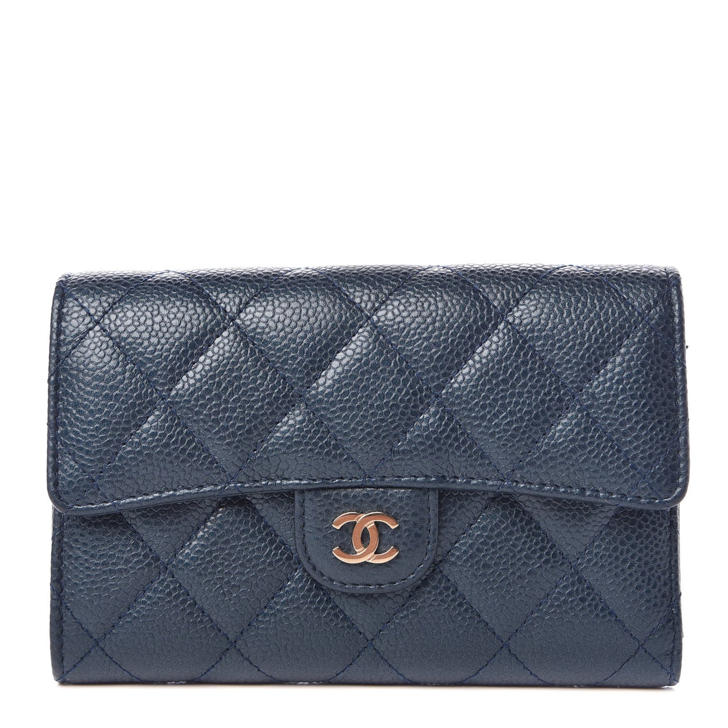 Metallic Caviar Quilted Medium Flap Wallet Dark Blue