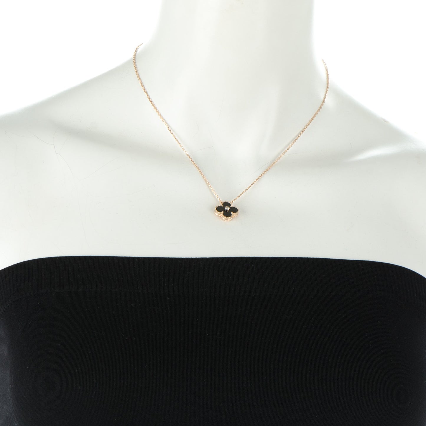 18K Rose Gold Diamond Black Onyx Vintage Alhambra Pendant Necklace
