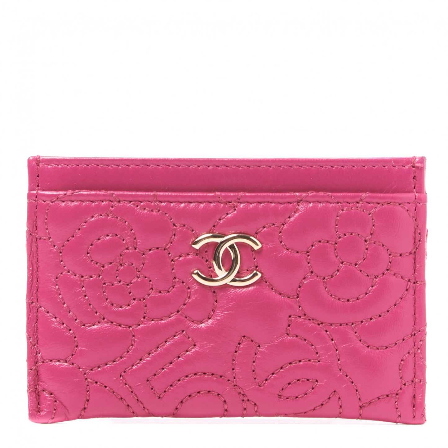 Lambskin Camellia Embossed Card Holder Fuchsia
