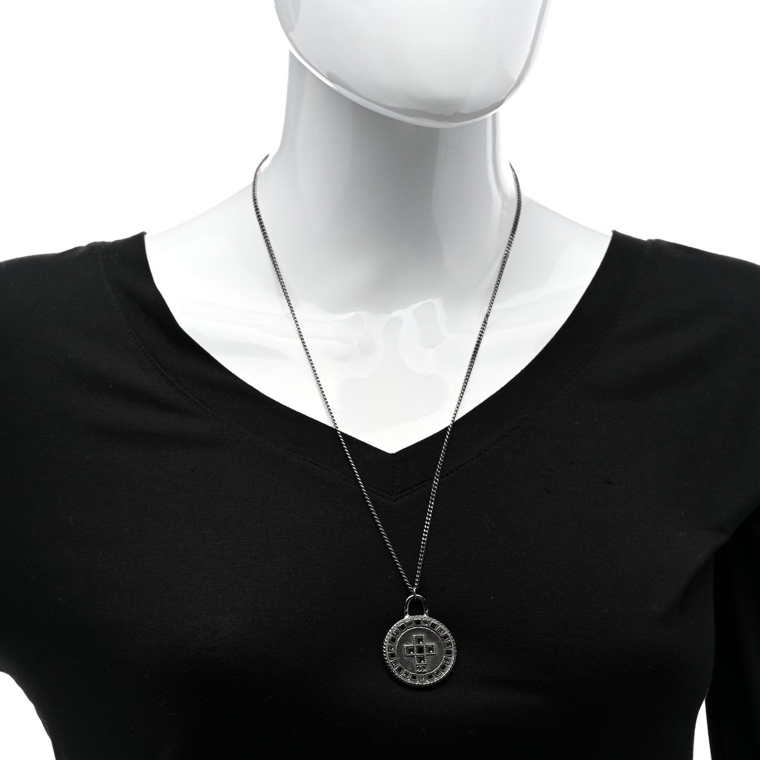 Chanel Crystal Cross Medallion Necklace Ruthenium Black 2 of 7