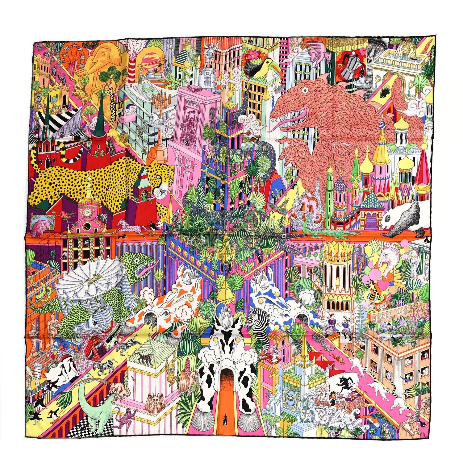 Hermes Silk Animapolis Scarf 90 Jaune Vif Vert Rose 1 of 5